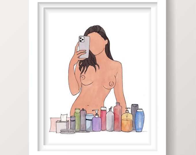 NUDE MIRROR SELFIE - Bathroom Art Print, Naked Woman, Sexy Bathroom Art, Girl, Watercolor Painting, Illustration, Drawn There