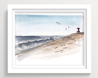 NEWPORT BEACH The WEDGE - Waves, Surf, Surfing, Skimboarding, Bodyboarding, Ocean, Plein Air Watercolor Painting, Art Print, Drawn There