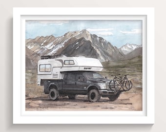 Overland Truck Camper with Bikes in the Mountains | Printable Wall Art | Architectural Illustration