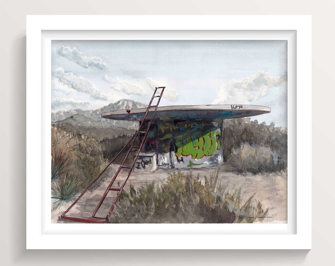 GRAFFITI WATER TOWER - Los Angeles Hiking Trail, Ink and Watercolor Landscape Painting, Drawn There