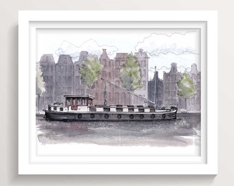 AMSTERDAM HOUSEBOAT - Denmark, Barge, Wooden Boat, Plein Air Ink & Watercolor Painting, Travel, Wall Art Print, Travel Art, Drawn There