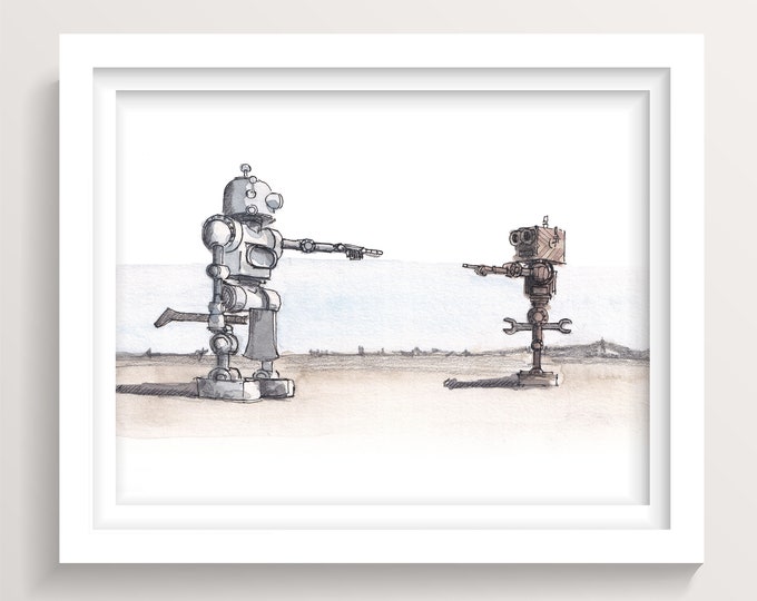 BLACK ROCK CITY 2023 - Robot Showdown, Mechan 1000 & Mechan 1, Wood Robot, Metal Robot, Playa Art, Ink and Watercolor Painting, Drawn There