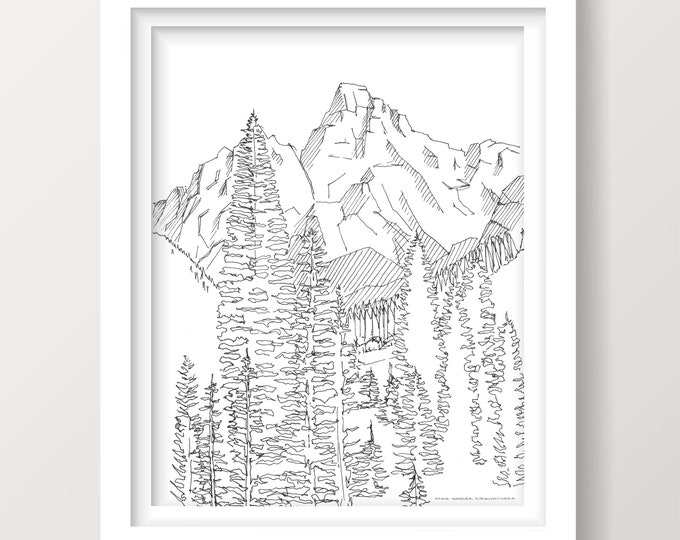 GRAND TETON National Park - Mountains, Wyoming, Nature, Hiking, Pen and Ink, Drawing, Art, Print, Line Drawing, Drawn There