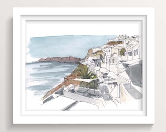 Santorini Cliffside View, Greece | Digital Download | Plein Air Watercolor