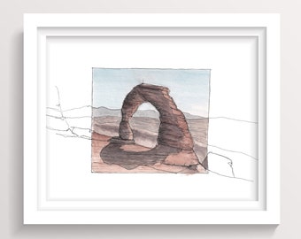 DELICATE ARCH in Arches National Park - Moab, Utah, Sandstone, Drawing, Ink and Watercolor Plein Air Landscape Painting, Art, Drawn There