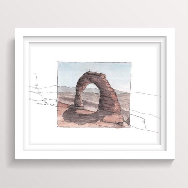 DELICATE ARCH in Arches National Park - Moab, Utah, Sandstone, Drawing, Ink and Watercolor Plein Air Landscape Painting, Art, Drawn There