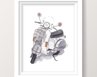 VINTAGE VESPA SCOOTER - 1980's Italian Design, White, Ink & Watercolor Painting, Drawing, Giclee Art Print, Urbansketchers, Drawn There
