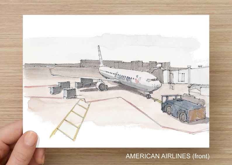 May include: Watercolor illustration of an American Airlines airplane at an airport gate. The image shows the plane, a fuel truck, and a boarding ladder. The text "AMERICAN AIRLINES (front)" is at the bottom.