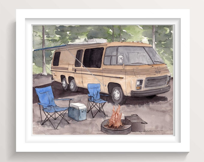 VINTAGE GMC RV - Recreational Vehicle Campsite, Vanlife, Camper, Camping, Drawing, Painting, Watercolor, Sketchbook, Art, Drawn There