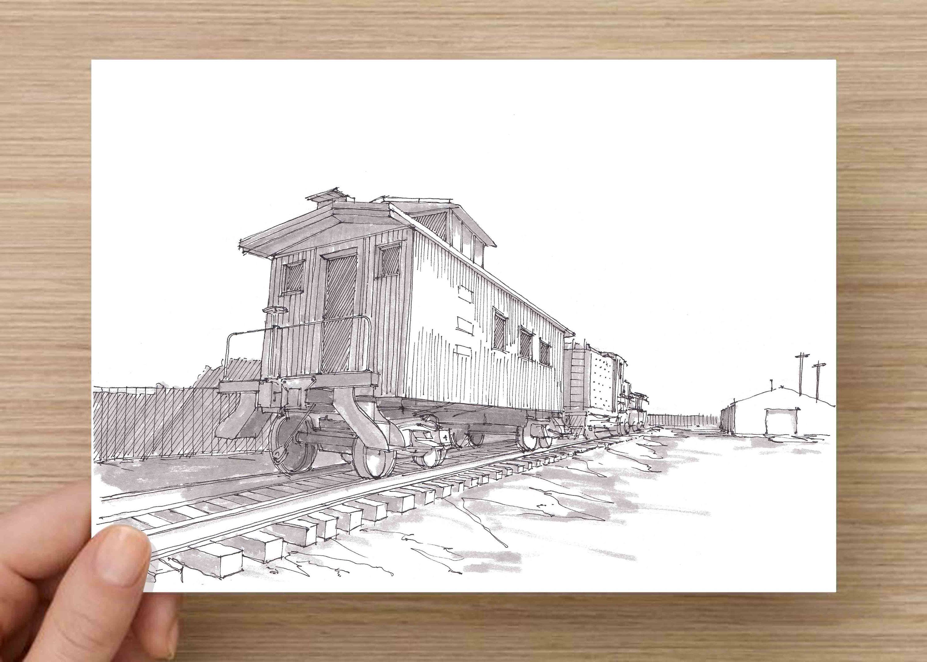 TRAIN CABOOSE - Frisco, Texas, Rail Road, History, Train Car, Ink Drawing,  Sketch, Black and White, Art, Pen and Ink, Drawn There
