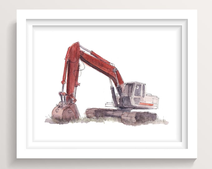 LINKBELT EXCAVATOR - Heavy Equipment Operator, Construction, Plein Air Ink and Watercolor Painting, Drawing, Art Print, Drawn There