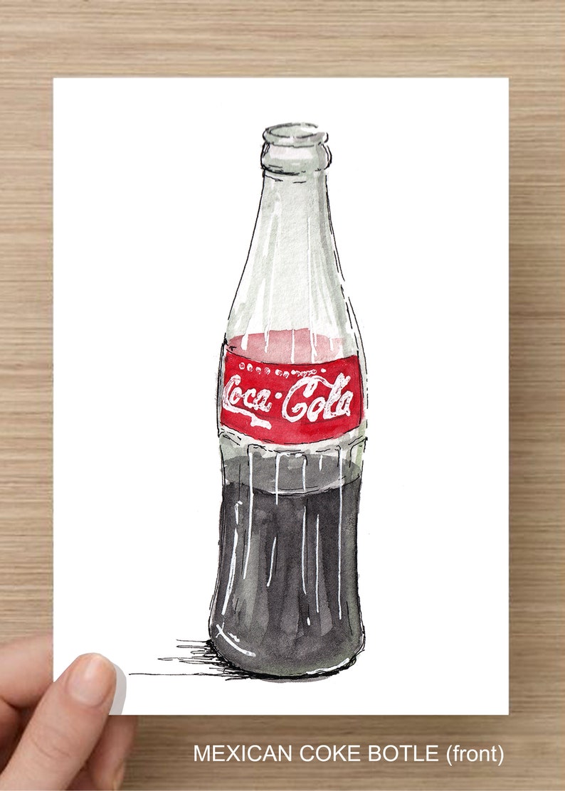 May include: A watercolor illustration of a glass Coca-Cola bottle with a red label and black lettering. The bottle is filled with a dark liquid and has a textured surface.