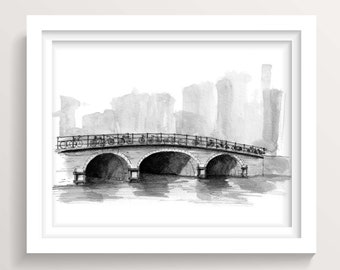 AMSTERDAM BRIDGE and BIKES - Netherlands, Europe, Plein Air Pen and Ink Drawing, European Art, Travel Sketchbook Art Print, Drawn There