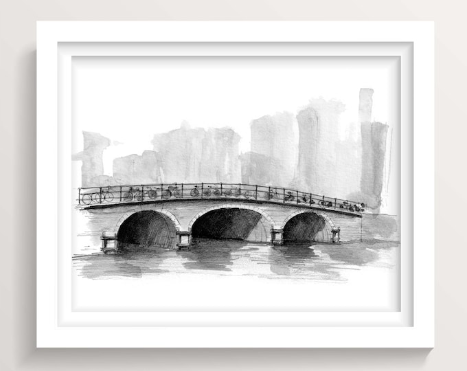 AMSTERDAM BRIDGE and BIKES - Netherlands, Europe, Plein Air Pen and Ink Drawing, European Art, Travel Sketchbook Art Print, Drawn There