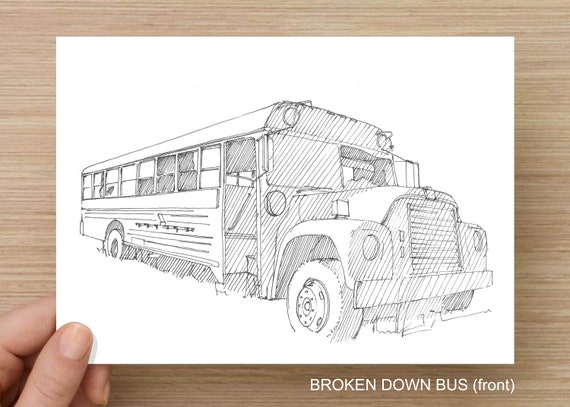 Abandoned School Bus Rusty Old Vehicle Drawing Pen And Ink Line Drawing Sketchbook Art Drawn There