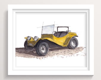 CLASSIC DUNE BUGGY Watercolor Print – Retro Beach Buggy Art, Off-Road Car Illustration, Framed or Unframed
