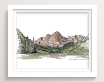 MAROON BELLS MOUNTAINS - Colorado, Rockies, Hiking, Backpacking, Ink and Watercolor, Painting, Drawing, Art Print, Sketchbook, Drawn There