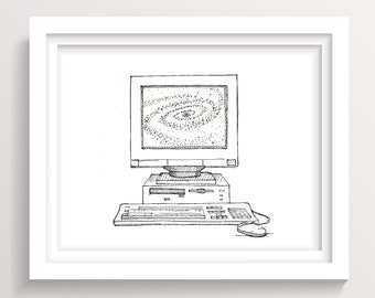 OLD PC COMPUTER - Microsoft Windows Galaxy, 1990's, Pen and Ink Line Drawing Sketch, Technology, Art, Drawn There