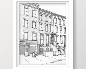 APPARTEMENT BROOKLYN BROWNSTONE - paysage de rue, New York, bâtiment, architecture, plume et encre, dessin, impression d'art, carnet de croquis, dessiné là-bas