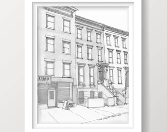 APPARTEMENT BROOKLYN BROWNSTONE - paysage de rue, New York, bâtiment, architecture, plume et encre, dessin, impression d'art, carnet de croquis, dessiné là-bas