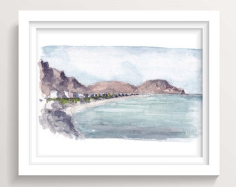 PLAYA EL TECOLOTE - Camper Vans, La Paz, Mexico, Ocean, Mountains, Plein Air Ink and Watercolor Painting, Drawn There