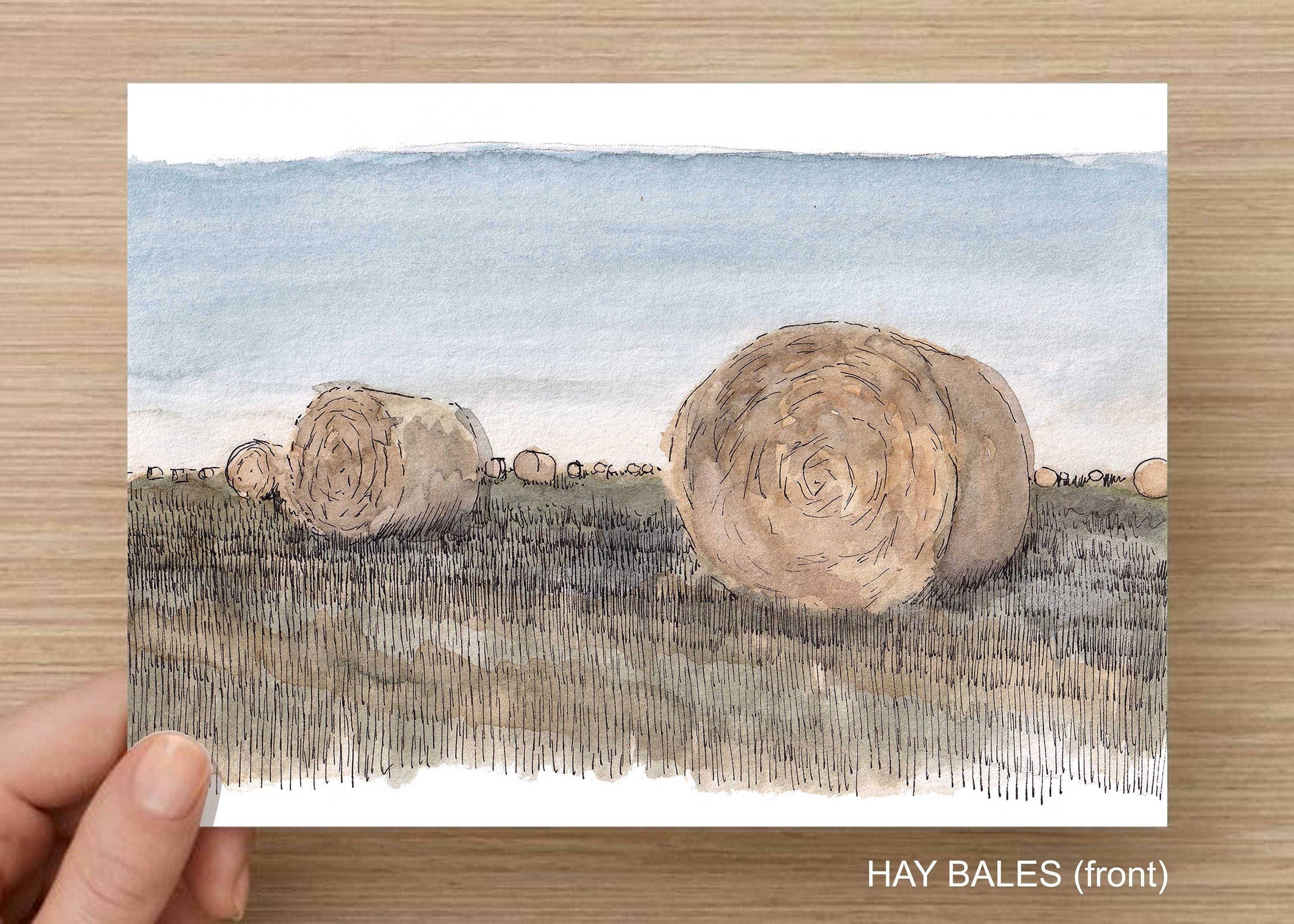 Round Hay Bales Field Ranch Farm Livestock Agriculture Watercolor Landscape Painting Drawing Art Print Sketchbook Drawn There