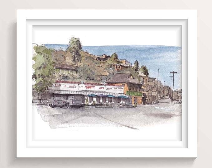 BISBEE ARIZONA - High Country Market and Cafe, Plein Air Watercolor Painting, Mining Town, Wall Art Print, Drawn There