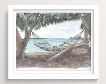 TROPICAL SHADE TREE - Hammock, Beach, Ocean, Shady, Sea, Pen and Ink, Drawing, Watercolor, Painting, Sketchbook, Art Print, Drawn There
