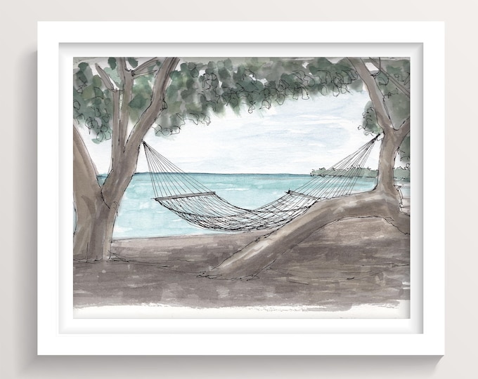 TROPICAL SHADE TREE - Hammock, Beach, Ocean, Shady, Sea, Pen and Ink, Drawing, Watercolor, Painting, Sketchbook, Art Print, Drawn There