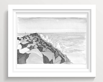 THE WEDGE JETTY - Newport Beach, California, Waves, Surf, Surfing, Ocean, Plein Air Ink Drawing, Art Print, Drawn There