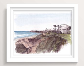 TOURMALINE BEACH CLIFFS - San Diego, California, Ocean, Surfing, Waves, Surfing, Plein Air Watercolor Painting Sketchbook Art, Drawn There