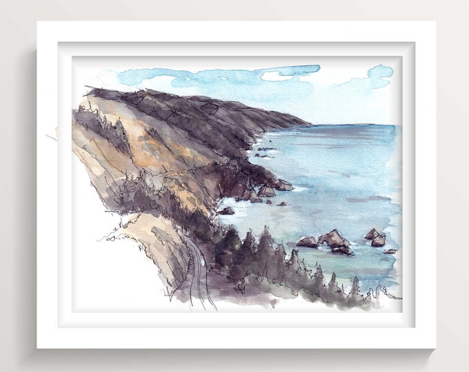 BIG SUR CALIFORNIA - Pacific Coast Road Trip Ink and Watercolor Landscape Painting, Wall Art Print, Plein Air, Drawn There