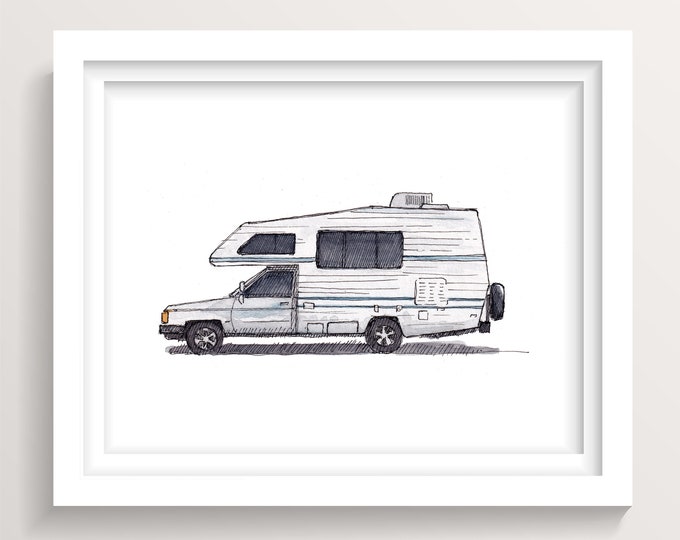 TINY TOYOTA RV - Recreational Vehicle, Vanlife, Camping Roadtrip, Ink and Watercolor Painting, Art Print, Drawn There