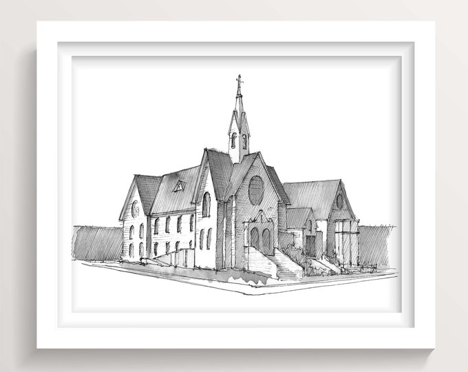 SEA ISLE CITY, New Jersey - St Josephs Catholic Church, Landis Ave, Beach Town Vacation, Art Print, Ink Drawing, DrawnThere