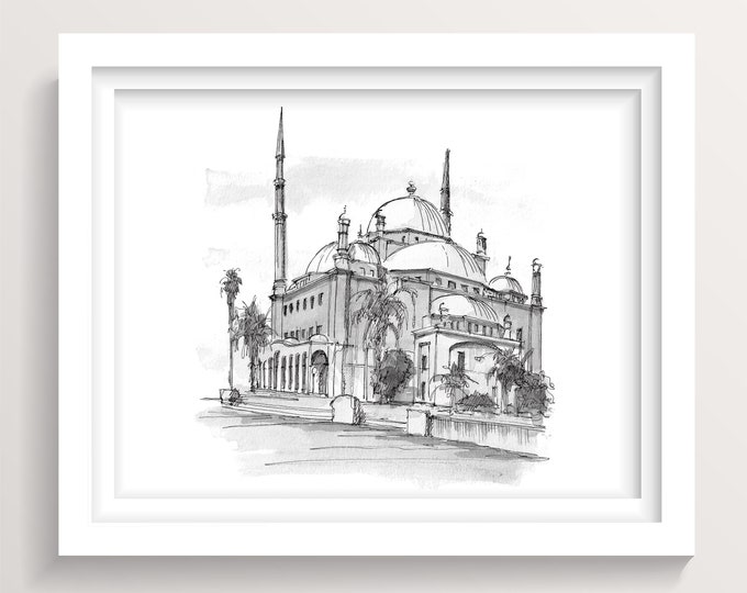 ALABASTER MOSQUE - Mosque of Muhammad Ali, Egypt, Islam, Ottoman Islamic Architecture, Ink Drawing, Painting, Travel Sketchbook, Drawn There