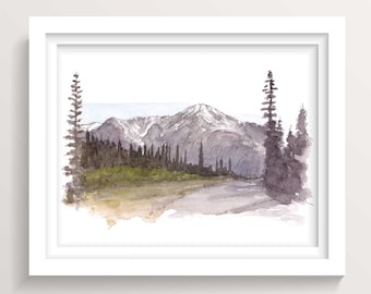 DESTRUCTION BAY YUKON - Canada Wilderness Art, Mountain and Trees Ink and Watercolor Painting, Plein Air Landscape Art Print, Drawn There