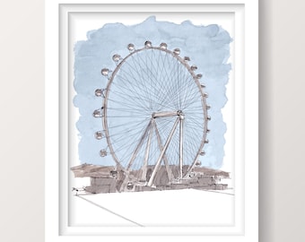 FERRIS WHEEL PAINTING - High Roller Las Vegas, Ink and Watercolor Plein Air Painting, Drawing Art Print, Urbansketcher, Drawn There