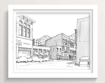 MAIN STREET BISBEE - Tombstone Canyon Arizona, Pen and Ink Drawing Historic Mining Town, Arizona Art, Drawn There