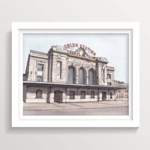 UNION STATION DENVER - Train, Travel, Architecture, Colorado, Beaux Arts, Ink and Watercolor Painting, Drawing, Denver Art, Drawn There