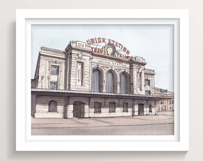 UNION STATION DENVER - Train, Travel, Architecture, Colorado, Beaux Arts, Ink and Watercolor Painting, Drawing, Denver Art, Drawn There