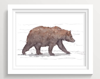 GRIZZLY BEAR - Ink and Watercolor Painting of a Grizzly Bear seen in Alaska, Wildlife Art Sketch Drawing, Art Print, Drawn There