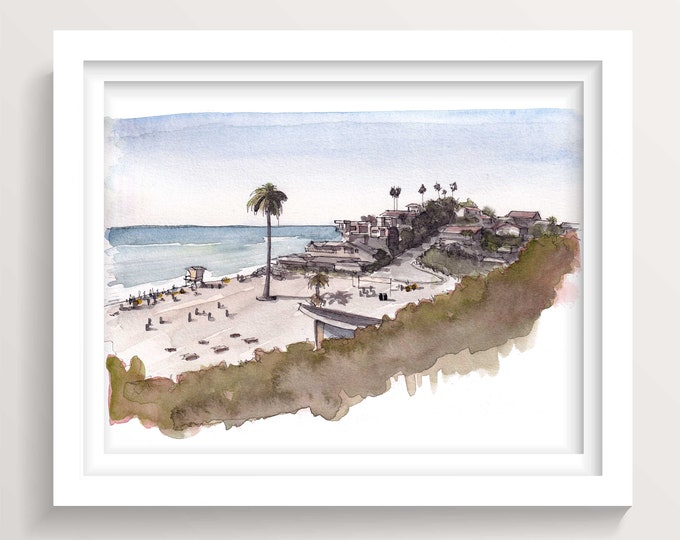 ENCINITAS MOONLIGHT BEACH - Southern California, Plein Air Ink and Watercolor Painting, Art Print, Drawn There