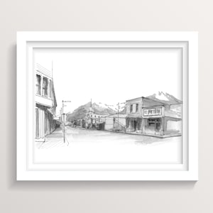 BROAD STREET SKAGWAY - Alaska Pen en Inkt Tekenen Schilderen, Klondike Goldrush Mountains, White Pass, Cruise Ship, Art Print, daar getekend