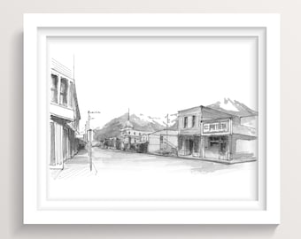 BROAD STREET SKAGWAY - Alaska Pen and Ink Drawing Painting, Klondike Goldrush Mountains, White Pass, Cruise Ship, Art Print, Drawn There