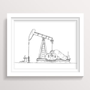 Könnte beinhalten: Eine Schwarzweiß-Zeichnung eines Ölfördergerüsts, auch bekannt als Pumpjack, eine Art Ölförderpumpe.