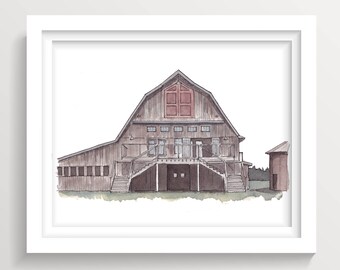 FIRELIGHT FARM MONTANA - Bozeman Wedding Barn Venue, Watercolor Architecture Painting, Rustic Barn Art Print, Drawn There