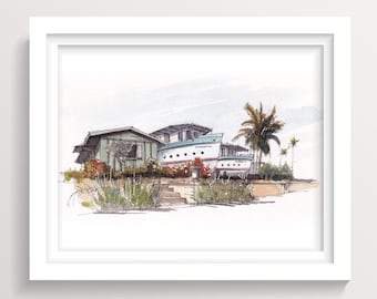 ENCINITAS BOAT HOUSES - Ink and Watercolor Painting, Beach Town Wall Art Print, Quirky Architecture, Encinitas California, Drawn There