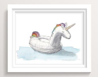 RAINBOW UNICORN FLOATIE - Inflatable, Toy, Party, Summer, Floaty, Pen and Ink, Drawing, Watercolor, Painting, Sketchbook, Art, Drawn There