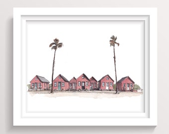 ROBERTS COTTAGES OCEANSIDE - California Ink and Watercolor Painting, Art Print, 5x7, 8x10, 11x14, SoCal Beach Art, Drawn There