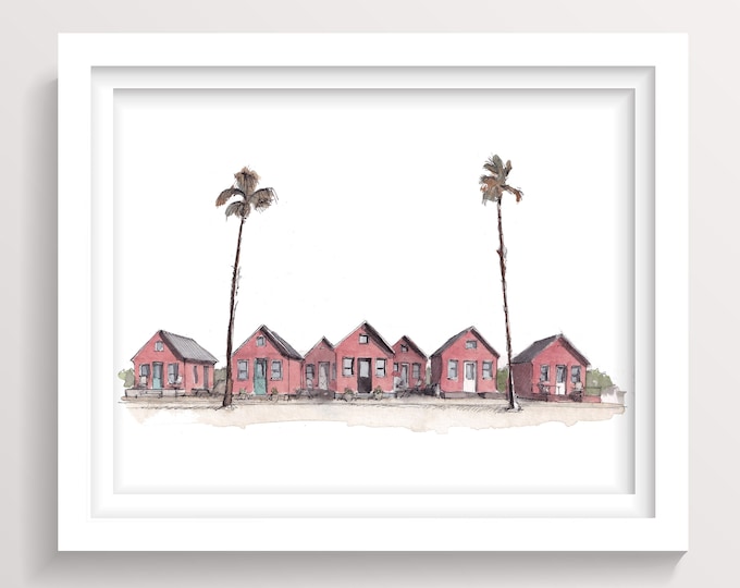 ROBERTS COTTAGES OCEANSIDE - California Ink and Watercolor Painting, Art Print, 5x7, 8x10, 11x14, SoCal Beach Art, Drawn There